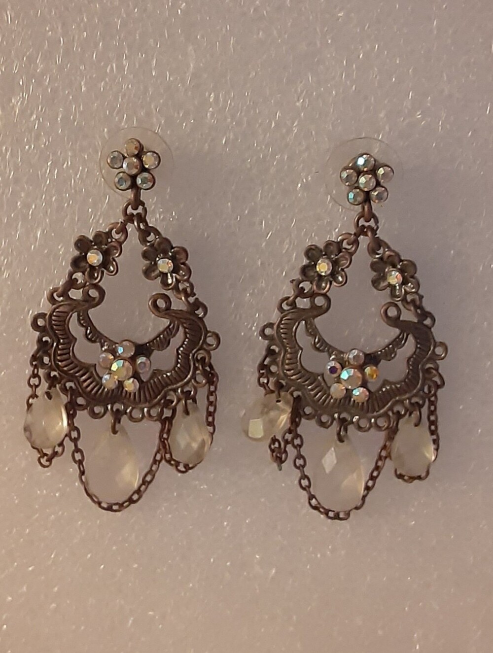 Antique Metal With Crystal Teardrop Chandelier Earrings - Antique Bronze